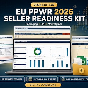 May include: The EU PPWR 2026 Seller Readiness Kit is a digital download featuring a laptop displaying a readiness dashboard with charts and graphs, alongside documents titled EU Sales Country Map and Marketplace Readiness, plus a yellow folder icon.
