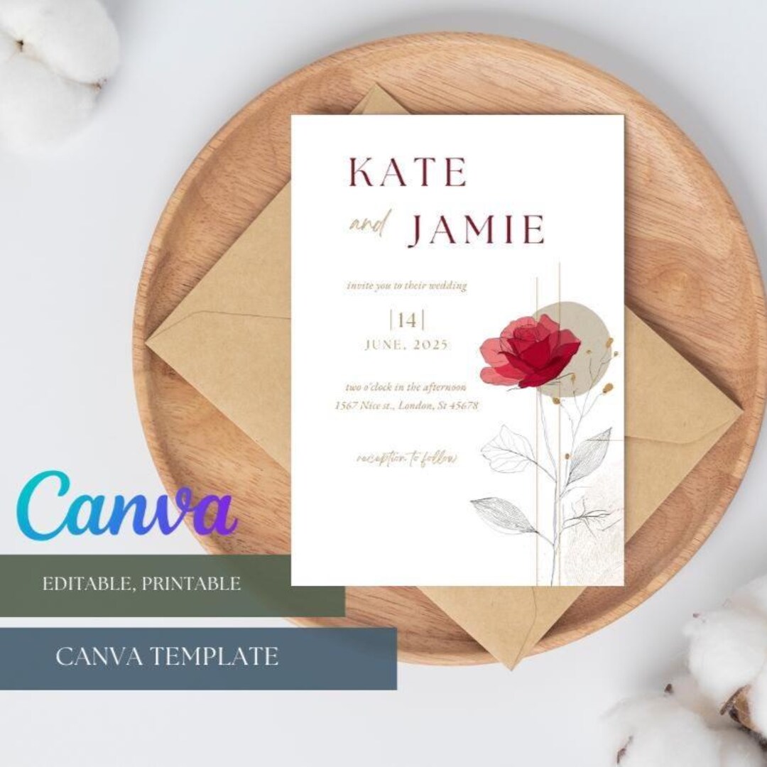 Invit Rose Editable Rose Wedding Invitation Canva Template, Printable Boho Floral ...