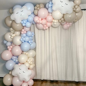 Smiley Cloud Gender Reveal Balloon DIY Garland Arch Kit | Matte Macaron Blue Pink Cream | Cute Baby Shower Boy Girl Backdrop Party Decor