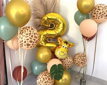 Jungle Safari Animal Giraffe Foil DIY Emerald Balloon Sculpture Kit | Birthday Number Balloon Bouquet | First Birthday Wild one Animal Decor