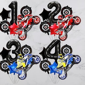 Kit scultura palloncino fai-da-te in foil per moto da corsa / Bouquet di palloncini con numero di compleanno per ragazzo / Festa con palloncini per primo compleanno a scacchi in bici da cross