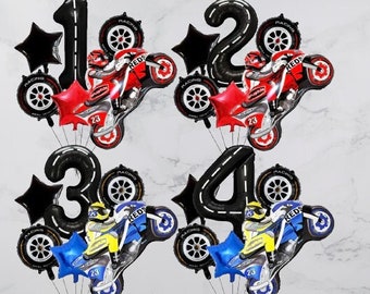 Race Motorcycle Foil DIY Balloon Sculpture Kit | Birthday Boy Number Balloon Bouquet | First Birthday Balloon Party Checkered Dirt Bike