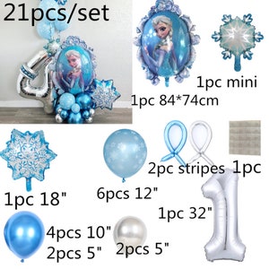 K&ouml;nnte beinhalten: Ein Set aus 21 blauen und silbernen Ballons, darunter ein gro&szlig;er Folienballon mit Prinzessinnenmotiv, Schneeflockenballons und Zahlenballons. Gr&ouml;&szlig;en von 12 cm bis 84x74 cm.