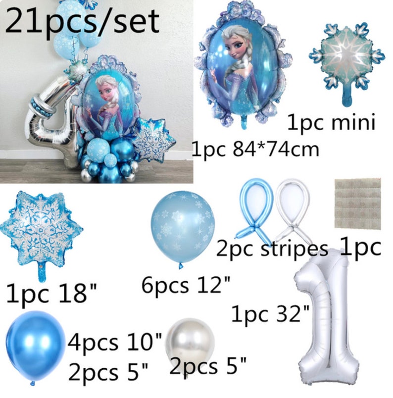 K&ouml;nnte beinhalten: Ein Set aus 21 blauen und silbernen Ballons, darunter ein gro&szlig;er Folienballon mit Prinzessinnenmotiv, Schneeflockenballons und Zahlenballons. Gr&ouml;&szlig;en von 12 cm bis 84x74 cm.