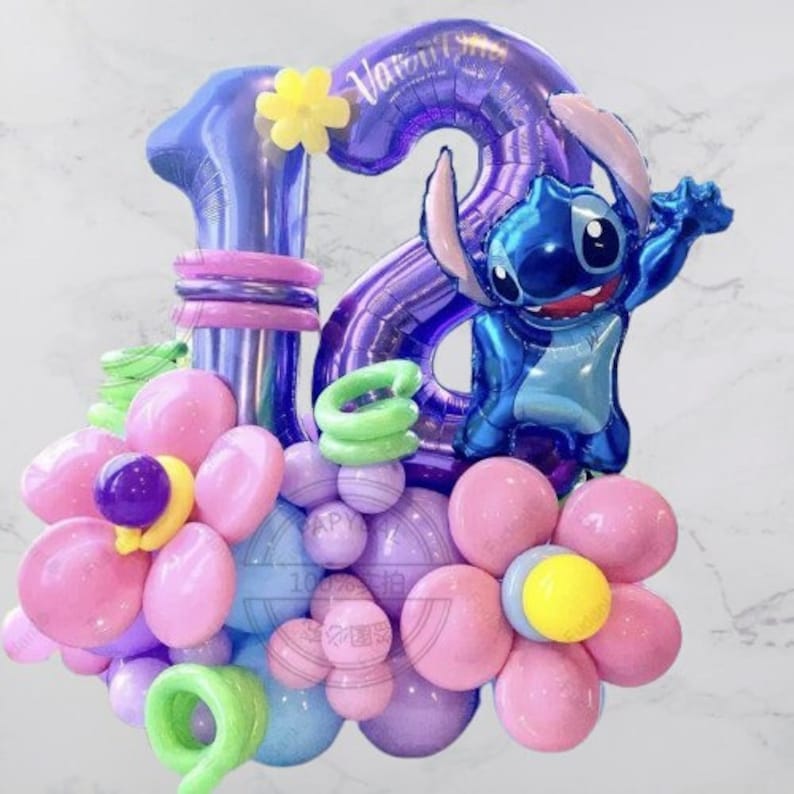 May include: A balloon arrangement featuring a purple and blue number "18" with a blue Stitch character from the Disney movie Lilo & Stitch. The number is surrounded by pink, purple, and green balloons in the shape of flowers.