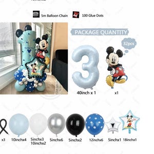 May include: A blue and white balloon arch with a Mickey Mouse character and the number one. The arch includes a variety of balloons in different sizes and colors, including blue, white, silver, and black. The arch is decorated with Mickey Mouse characters and stars. The arch is 32 pieces and includes a 40 inch balloon, 10 inch balloons, 5 inch balloons, 12 inch balloons, and 18 inch balloons.