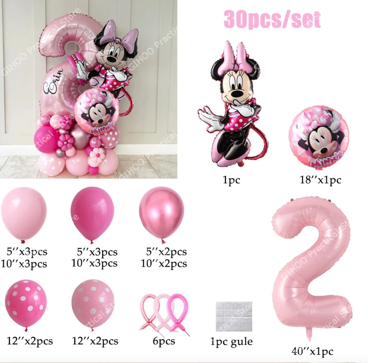 Minnie Mouse Foil DIY Pink Balloon Sculpture Kit | Birthday Girl Number ...