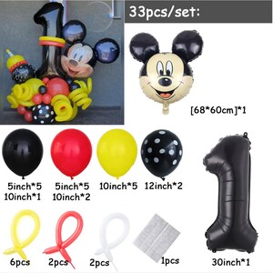 May include: A set of 33 black, red, yellow, and white balloons with polka dots, featuring a Mickey Mouse character, a large number one balloon, and a Mickey Mouse head balloon. The set includes 5-inch, 10-inch, and 12-inch balloons, as well as a 30-inch number one balloon. The balloons are perfect for a birthday party or other celebration.