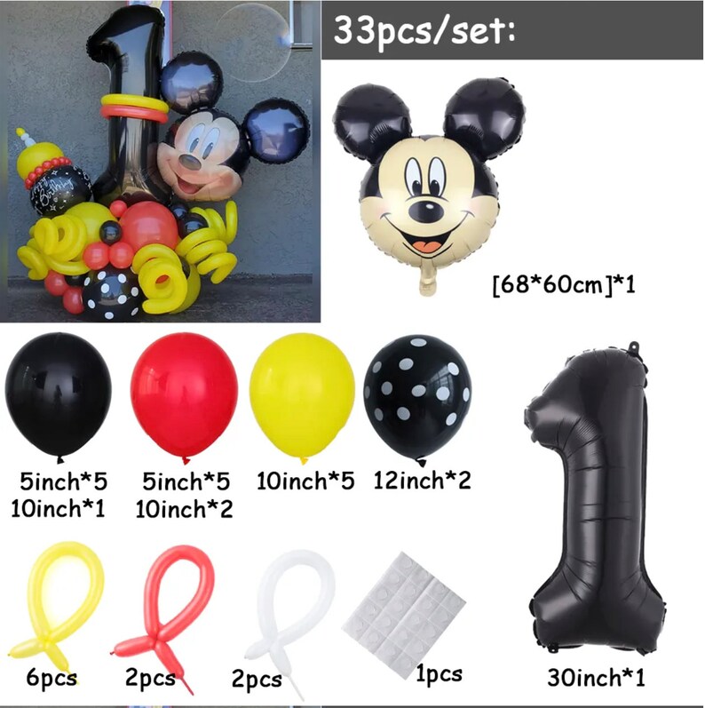 May include: A set of 33 black, red, yellow, and white balloons with polka dots, featuring a Mickey Mouse character, a large number one balloon, and a Mickey Mouse head balloon. The set includes 5-inch, 10-inch, and 12-inch balloons, as well as a 30-inch number one balloon. The balloons are perfect for a birthday party or other celebration.