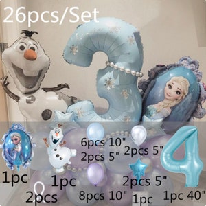 K&ouml;nnte beinhalten: Ein 26-teiliges Ballon-Set zum Thema Frozen. Enth&auml;lt einen gro&szlig;en Ballon mit der Zahl 3, Olaf, Elsa und andere dekorative Ballons in Blau, Wei&szlig; und Lila. Das Set enth&auml;lt Ballons in verschiedenen Gr&ouml;&szlig;en, darunter 25 cm und 100 cm.