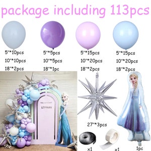 Puede incluir: Un kit de decoraci&oacute;n de fiesta con tem&aacute;tica de Frozen con 113 piezas, que incluye globos de varios tama&ntilde;os y colores, un globo de estrella plateado, un globo de personaje de Frozen y cinta adhesiva negra y blanca. Los globos son en tonos de azul, morado y blanco. El texto "The Shown Liyanah" est&aacute; en un arco rosa y azul.