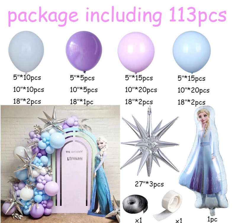 Puede incluir: Un kit de decoraci&oacute;n de fiesta con tem&aacute;tica de Frozen con 113 piezas, que incluye globos de varios tama&ntilde;os y colores, un globo de estrella plateado, un globo de personaje de Frozen y cinta adhesiva negra y blanca. Los globos son en tonos de azul, morado y blanco. El texto "The Shown Liyanah" est&aacute; en un arco rosa y azul.