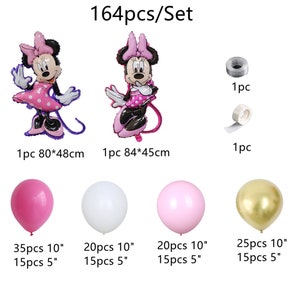 May include: A set of 164 party decorations featuring two Mickey Mouse character balloons, 35 pink, 20 white, 20 light pink, and 25 gold balloons, all in 10-inch and 5-inch sizes, along with one roll of tape and one roll of ribbon.