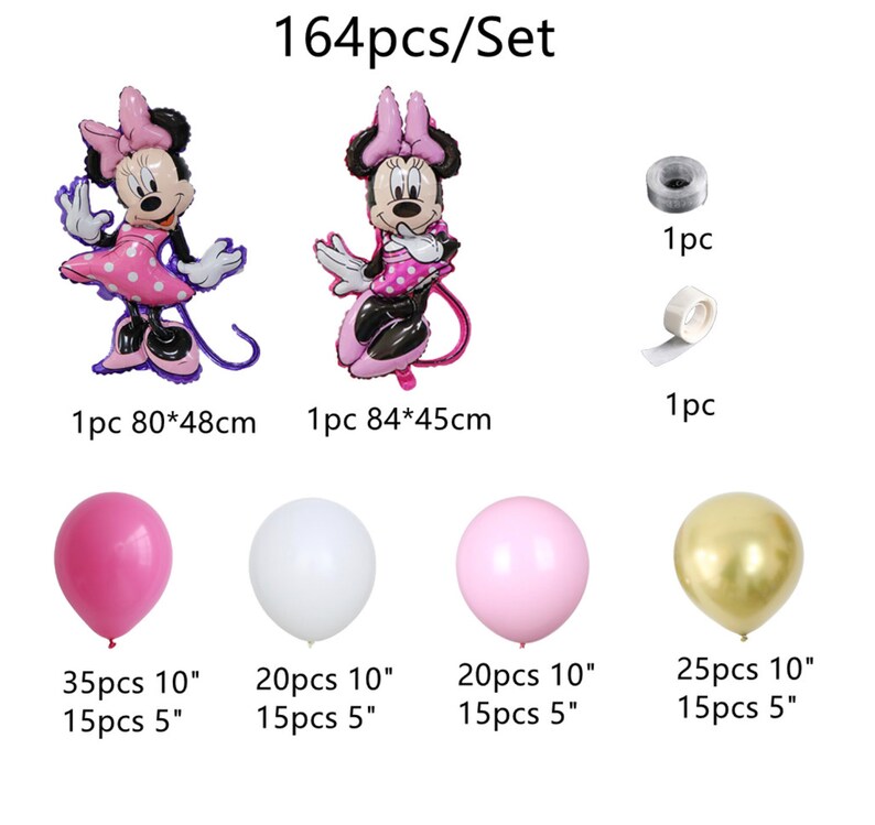 May include: A set of 164 party decorations featuring two Mickey Mouse character balloons, 35 pink, 20 white, 20 light pink, and 25 gold balloons, all in 10-inch and 5-inch sizes, along with one roll of tape and one roll of ribbon.
