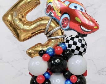 Race Car Lightning McQueen Theme DIY Balloon Bouquet Kit, Escultura de número de globo de cumpleaños, Suministros de fiesta Decoración Racing Car Track Two Fast