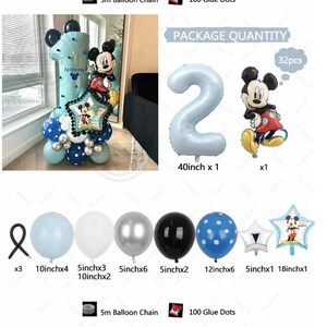 May include: A blue number two balloon, a Mickey Mouse balloon, and a Mickey Mouse star balloon. There are also blue, white, silver, and black balloons. The balloons are arranged in a package with the text "PACKAGE QUANTITY" and "32pcs".