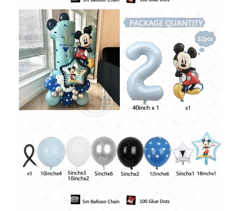 May include: A blue number two balloon, a Mickey Mouse balloon, and a Mickey Mouse star balloon. There are also blue, white, silver, and black balloons. The balloons are arranged in a package with the text "PACKAGE QUANTITY" and "32pcs".