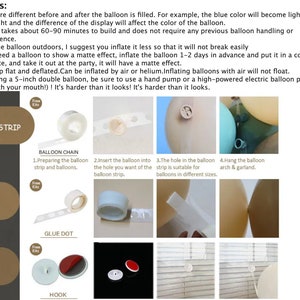 Puede incluir: Una gu&iacute;a para usar cinta de tira de globos, pegamento de puntos y ganchos para decoraciones de globos. La imagen muestra tres m&eacute;todos diferentes para sujetar globos a una superficie, junto con instrucciones y ejemplos.