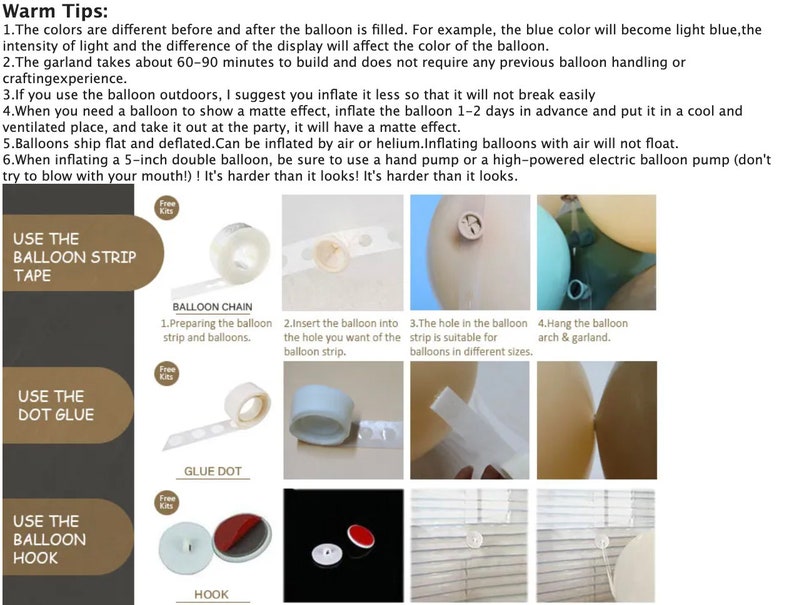 Puede incluir: Una gu&iacute;a para usar cinta de tira de globos, pegamento de puntos y ganchos para decoraciones de globos. La imagen muestra tres m&eacute;todos diferentes para sujetar globos a una superficie, junto con instrucciones y ejemplos.