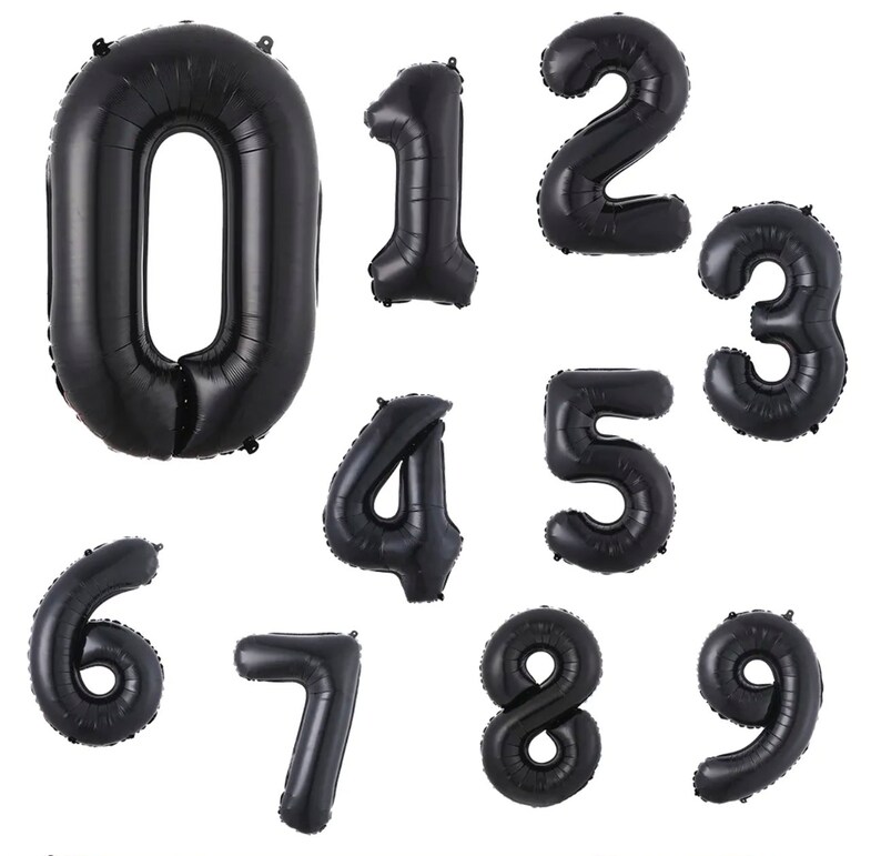 May include: Black balloon numbers 0 through 9. The balloons are inflated and ready to use.