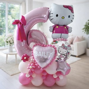 Hello Kitty Foil DIY Balloon Sculpture Kit | Pastel Birthday Girl Number Birthday Balloon Bouquet | First Kawaii Balloon Party Theme Stack