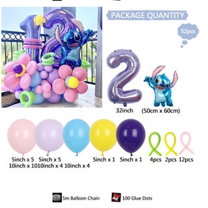 May include: A balloon bouquet with a blue Stitch character, pink and purple balloons, and a large purple number 2 balloon. The bouquet includes 52 pieces, including 5 inch and 10 inch balloons, a 32 inch number 2 balloon, a Stitch balloon, 4 green balloon ribbons, 2 yellow balloon ribbons, and 12 pink balloon ribbons. The package also includes a 5 meter balloon chain and 100 glue dots.