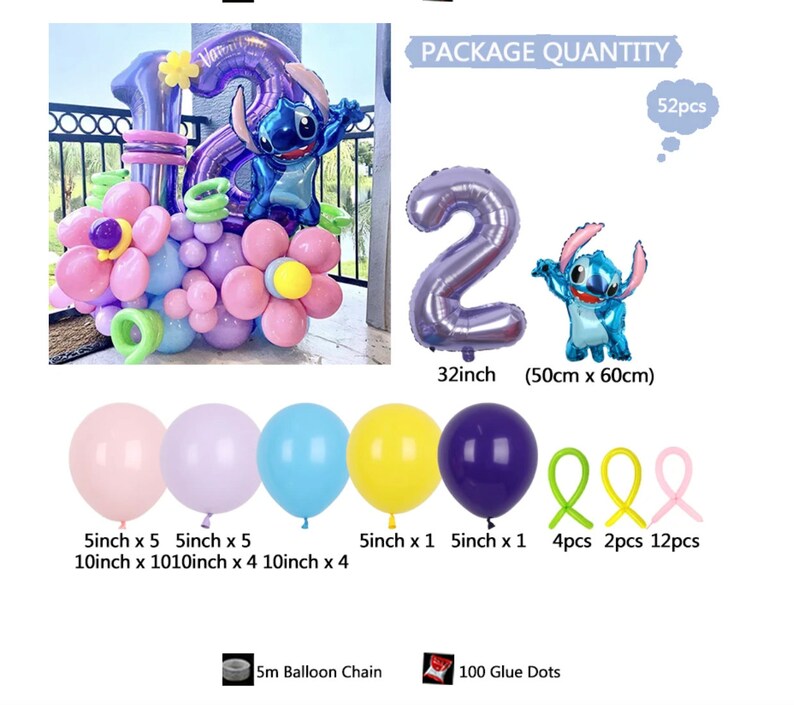 May include: A balloon bouquet with a blue Stitch character, pink and purple balloons, and a large purple number 2 balloon. The bouquet includes 52 pieces, including 5 inch and 10 inch balloons, a 32 inch number 2 balloon, a Stitch balloon, 4 green balloon ribbons, 2 yellow balloon ribbons, and 12 pink balloon ribbons. The package also includes a 5 meter balloon chain and 100 glue dots.