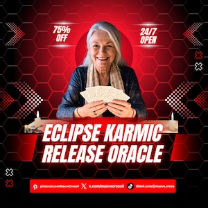 Könnte beinhalten: Eine lächelnde Frau mit grauem Haar hält ein Kartenspiel. Das Bild hat einen roten und schwarzen Hintergrund mit dem Text "ECLIPSE KARMIC RELEASE ORACLE". Das Bild enthält auch den Text "75% OFF" und "24/7 OPEN".