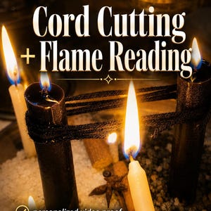 May include: Three lit candles, two black and one white, are connected by black string. The text reads: BEST CHOICE, 13,000+ CLIENTS, 5.0, Cord Cutting + Flame Reading, personalized video proof, delivery within 24 hours, reading through Etsy messenger.