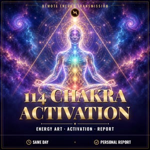 Peut inclure: Un graphique numérique montrant une silhouette en position de méditation entourée d'un triangle doré lumineux et d'une nébuleuse cosmique. Le texte indique : REMOTE ENERGY TRANSMISSION, 114 CHAKRA ACTIVATION, ENERGY ART, ACTIVATION, REPORT, SAME DAY, PERSONAL REPORT.