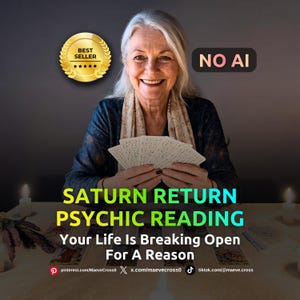 Puede incluir: Anuncio de un servicio de lectura psíquica. Una mujer sonríe, sosteniendo cartas. El texto dice "SATURN RETURN PSYCHIC READING" y "Your Life Is Breaking Open For A Reason." Una insignia dorada de "BEST SELLER" está en la parte superior izquierda.