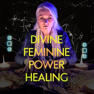 May include: An image featuring a woman with silver hair, wearing a blue top and a scarf. The text "DIVINE FEMININE POWER HEALING" is displayed in yellow. The background is dark with a cracked glass effect.