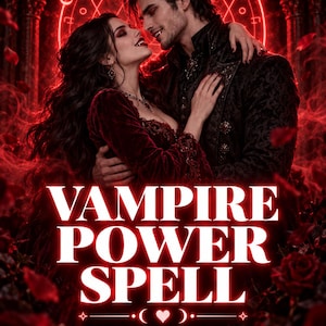 May include: A digital graphic featuring a couple with fangs in dark red attire, surrounded by red roses and mist. The text reads VAMPIRE POWER SPELL, 24 HOURS, SAME DAY, and PHOTO PROOF. A glowing red circular symbol with a star is visible in the background.