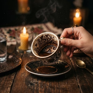 Peut inclure: Une tasse à café en céramique avec des motifs brun foncé complexes à l'intérieur, tenue au-dessus d'une soucoupe assortie au design floral sombre. La tasse contient des résidus de café et la soucoupe présente un liquide sombre au centre.