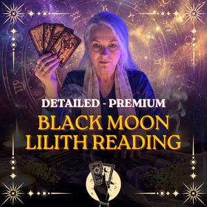 May include: A person holding a fan of tarot cards with a purple and gold celestial background. The text reads DETAILED - PREMIUM BLACK MOON LILITH READING. A small circular graphic at the bottom shows a hand holding two cards against a light background.