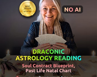 Op de afbeelding: Een persoon houdt een waaier van tarotkaarten vast met de tekst DRACONIC ASTROLOGY READING, Soul Contract Blueprint, Past Life Natal Chart, BEST SELLER en NO AI. De scène bevat kaarsen en een spreiding van kaarten op een tafeloppervlak.