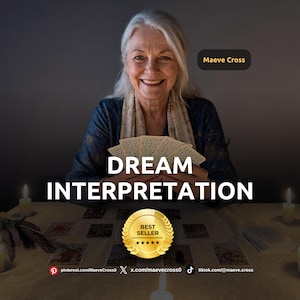 Puede incluir: Una mujer sonriente sostiene cartas del tarot con el texto "DREAM INTERPRETATION" en blanco. Un sello dorado de "BEST SELLER" en la parte inferior. La imagen promociona servicios de interpretación de sueños.