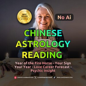 May include: A person holding a deck of cards with text reading CHINESE ASTROLOGY READING, Year of the Fire Horse - Your Sign Your Year - Love Career Forecast - Psychic Insight, No Ai, and a gold Best Seller badge with five stars.