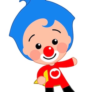 May include: A cartoon character with blue hair, a red nose, and a red jumpsuit with a yellow cape. The character has a white clown collar and black boots. The character is smiling and has rosy cheeks.