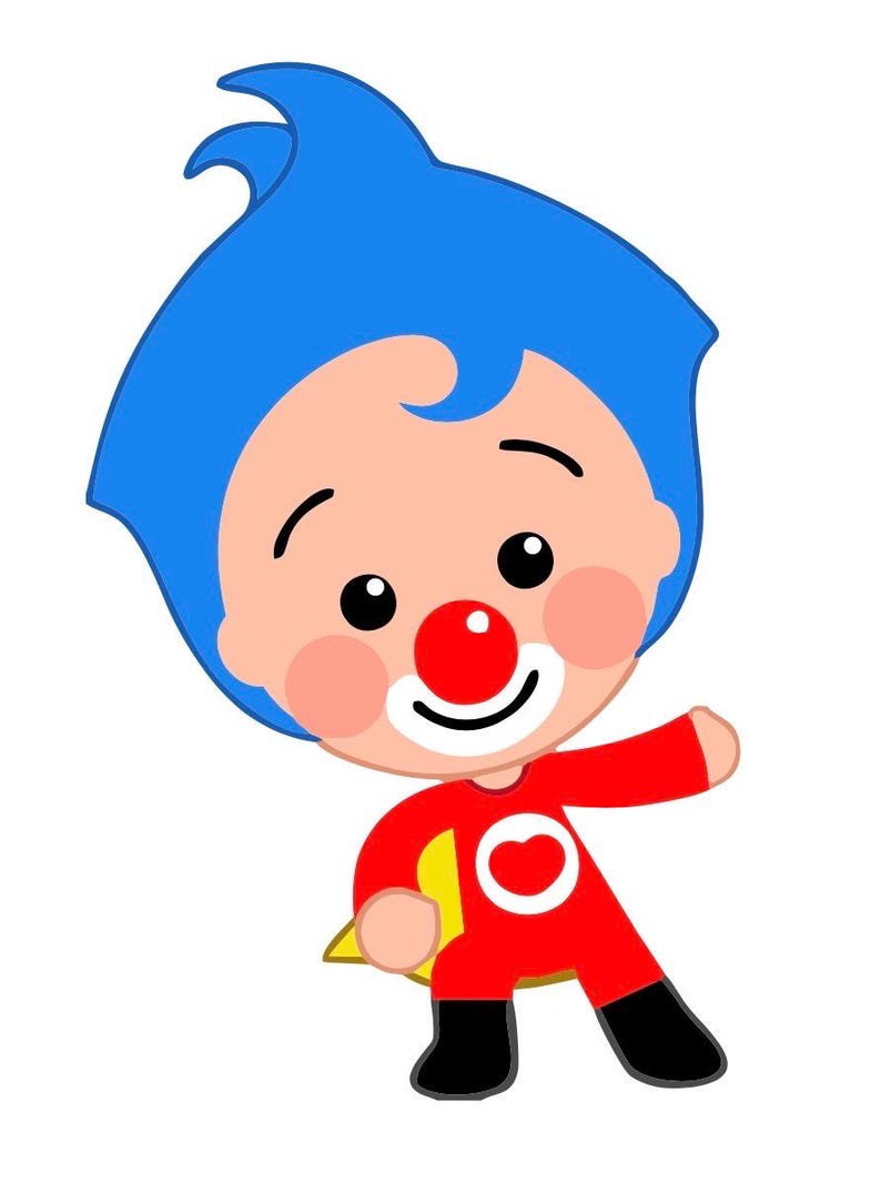 May include: A cartoon character with blue hair, a red nose, and a red jumpsuit with a yellow cape. The character has a white clown collar and black boots. The character is smiling and has rosy cheeks.