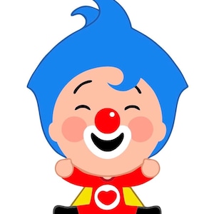 May include: A cartoon illustration of a smiling clown character with blue hair, a red nose, and rosy cheeks. The clown is wearing a red and yellow outfit with a heart-shaped design. The background is plain white.