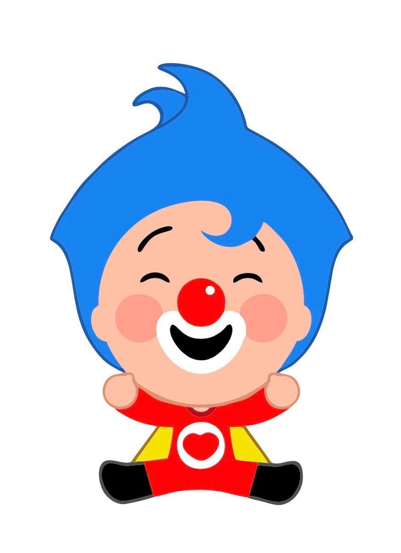May include: A cartoon illustration of a smiling clown character with blue hair, a red nose, and rosy cheeks. The clown is wearing a red and yellow outfit with a heart-shaped design. The background is plain white.