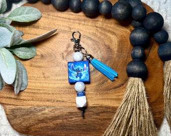 Stitch Beaded Keychain | Cute Blue Character Keychain with Tassel | Handmade Stitch-Inspired Keychain Gift | Bag Charm for Disney Fans
