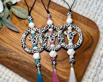Cow Print Car Charm with Tassel: Western Rearview Mirror Accessory