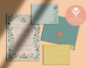 Rustic Countryside Banquet Wedding Full Invite Set Template, Modern Hand-drawn Illustration