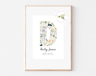 Custom Personalised Baby Print with Initial | Announcement | Digital Download | Florals and Woodland Watercolour Inspired Artwork