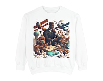 May include: White sweatshirt featuring a detailed illustration of a man in a suit surrounded by vintage objects and airplanes. The word "SAVEN" is visible on a blue object. The design has a vintage, artistic style.