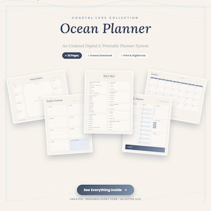 Könnte beinhalten: Ein digitaler und druckbarer Ocean Planner aus der Coastal Luxe Collection. Das Set enthält 53 Seiten im US-Letter-Format. Das Layout umfasst ein Vision Board, wöchentliche Dankbarkeit, eine Startseite, einen Tagesplaner und Kalender.