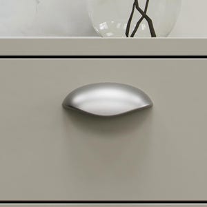 May include: A close-up of a two-drawer cabinet in a neutral grey colour. Each drawer has a curved, silver-toned handle. A glass vase with decorative stems sits on top of the cabinet.