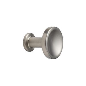 May include: A brushed nickel cabinet knob with an oval head and a cylindrical stem. The hardware is designed for easy installation on drawers and cabinet doors. The knob has a simple, modern design.